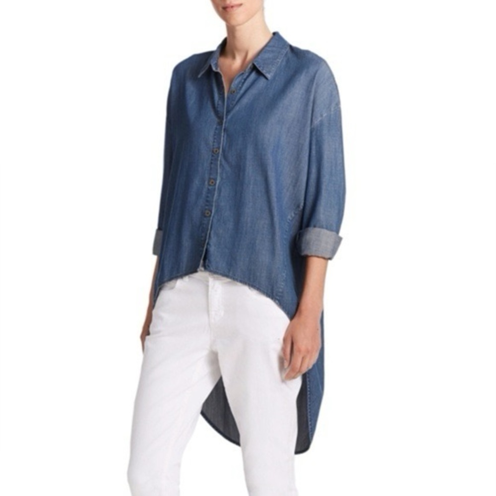NWT The Fisher Project EILEEN FISHER Chambray Hi/Low Hem Denim Shirt Large $208